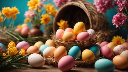 Fototapeta na wymiar Colorful easter eggs in basket and spring flowers 