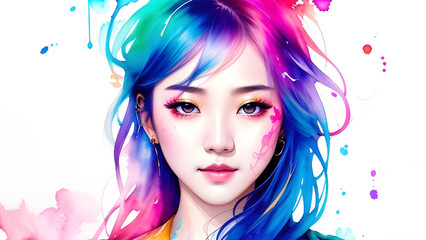 illustration water color of a beautiful asian woman with bright colorful hair