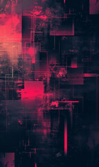 Dark black and red grunge graphics in a geometric arrangement.