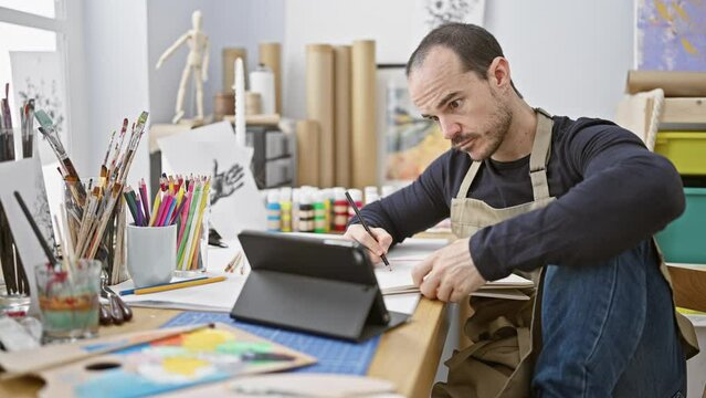 Bald man drawing indoors artist studio apron creation man
