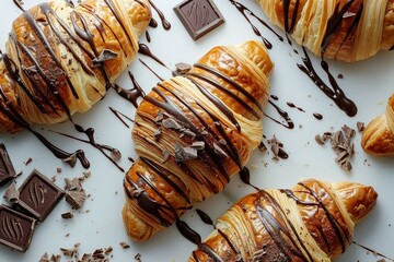 croissants with chocolate on a white background, top view