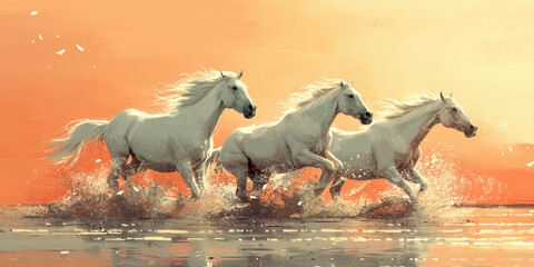 Illustration of majestic white horses galloping through water with an orange sky background