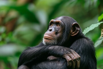 A pensive chimpanzee in a thoughtful pose, against a lush jungle background