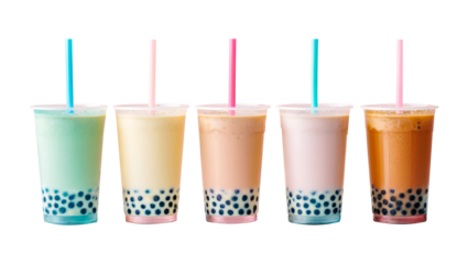 Commercial photography. variety of bobba bubble milk tea in transparent plastic cups png standing in a line isolated on flat pastel background. Ai Generated