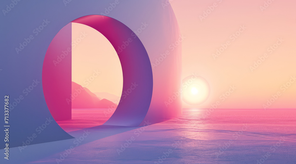 Canvas Prints A futuristic archway background, framed by purple walls during a serene sunset.