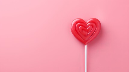 Red sweet sugar heart-shaped lollipop on a pink pastel trendy color background. Valentine's Day concept. Generated by AI.
