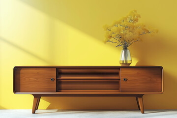 Modernist 1950s wooden credenza on a colorful background with vase and flowers - Generative AI