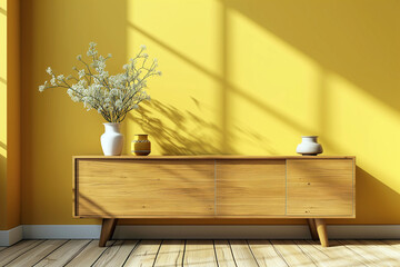 Modernist 1950s wooden credenza on a colorful background with vase and flowers