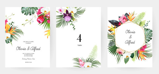 Tropical flowers and leaves vector design cards. White orchid, strelitzia, protea, calla, monstera, jungle palm leaves - obrazy, fototapety, plakaty