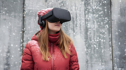 Photograph of one woman walking on the street wearing a VR headset.