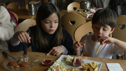 children enjoying mealtime at restaurant - small siblings, brother and sister interaction at diner eating food. Plate of milanese meat with fries