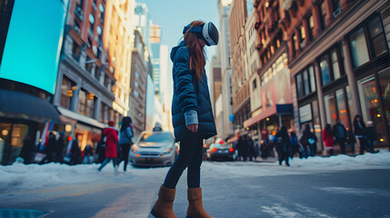 Photograph of one woman walking on the street wearing a VR headset. - obrazy, fototapety, plakaty