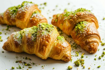 fresh croissants with pistachio nuts on a white background