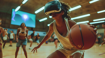 Photograph of one woman playing basketball wearing a VR headset. - obrazy, fototapety, plakaty