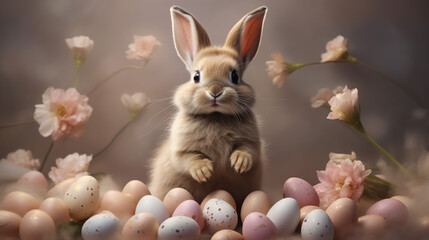 Easter - Cute Bunny In Sunny Garden With Eggs, ,Generative Ai