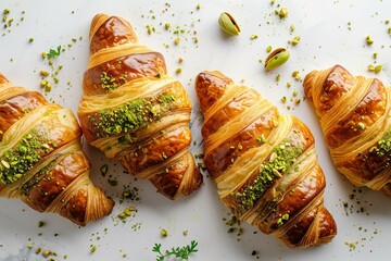 fresh croissants with pistachio nuts on a white background, top view