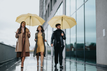 Three friends walking with yellow umbrellas in rainy urban setting.