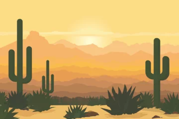 Fotobehang Desert landscape. Beautiful Wild West landscape with cacti and bushes against the backdrop of sandy mountains and hills at sunset. Vector illustration in flat style. © Evgeniia