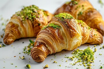 delicious croissants with pistachio nuts on a white background