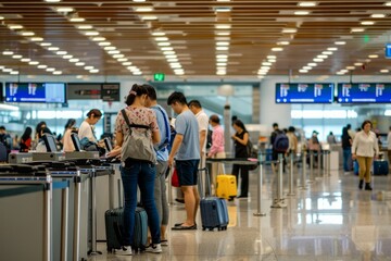 Travelers at check-in counters in airport terminal