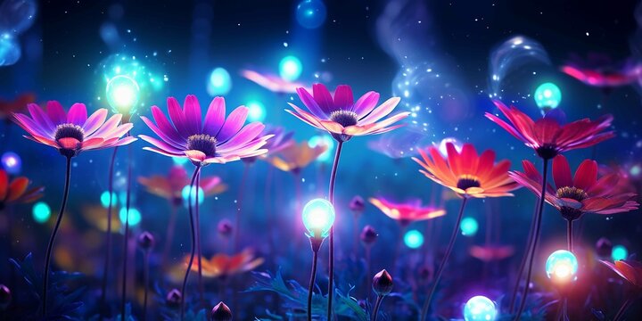 Background picture. Stunning luxury neon vivid glitter flowers fantasy and colorfull flowers field Extremely photorealistic, wide lens using
