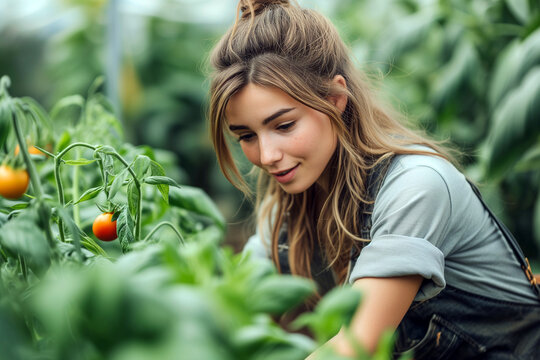 woman picking tomatoes in garden to harvest fresh foods for self-sufficiency