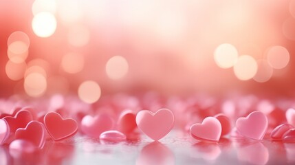 Lots of little hearts, a Valentine's day greeting card. Creative minimalistic pink and red festive background with bokeh, generated by AI. Trendy pastel colors.