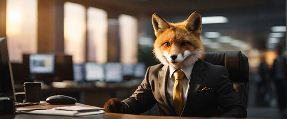 Business Fox wearing suits in an office, seated in front of a commanding monitor