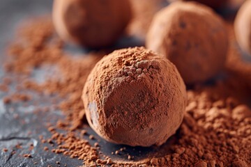 Fototapeta na wymiar Close-up of a creamy chocolate truffle dusted with cocoa powder, exemplifying luxury and indulgence