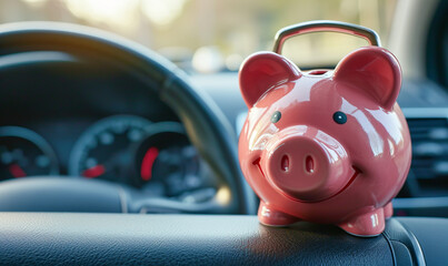 Pink piggy bank in the car interior. The concept of purchasing, credit, leasing or car insurance - obrazy, fototapety, plakaty