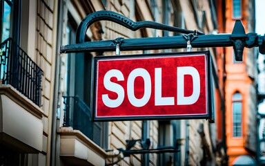 Obraz premium Sold Sign in front of House building for real estate agent, Buy and Sell in Residential Home Property Business