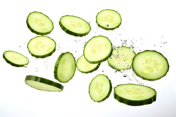 cucumber slices splashing with clear water in the air isolated on white background