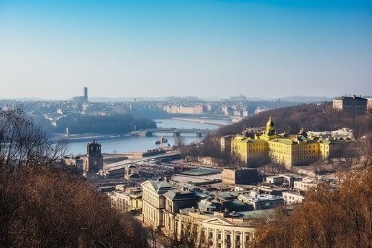 Urban panorama of Kyiv, capital city of Ukraine. Generative AI