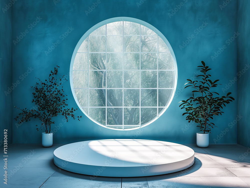Poster 3d empty product display podium for presentations. a serene blue room featuring a large circular win