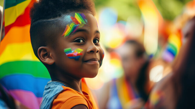 Young Child Celebrating At Pride Festival Wearing Rainbow Tribal Face Paint Makeup, Ai Generated