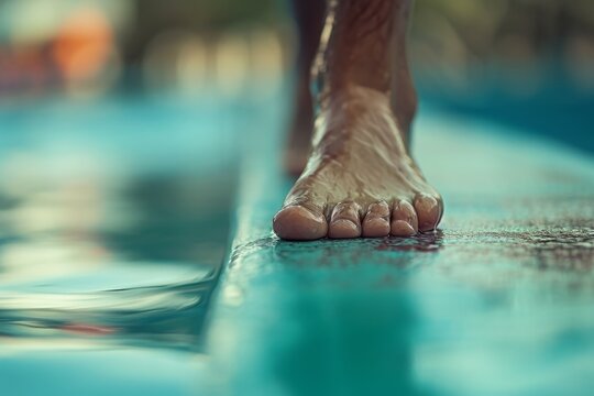 Detailed shot of a diver's feet on the edge of a diving board, showcasing the poise and balance required
