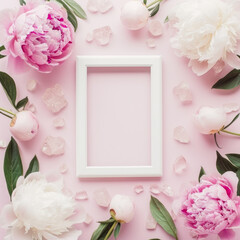 Feminine Flat Lay arrangement with white picture frame, pink and white Peony Flowers and crystals