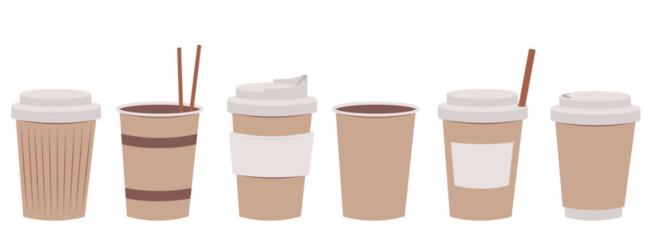 Isolated set of coffee cup paper containers take away with drinking straw in cartoon style with empty sticker.