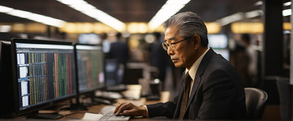 Old Japanese business people buying stocks wearing suits in an office seated in front of a commanding monitor immersive image tailored for widescreen - obrazy, fototapety, plakaty