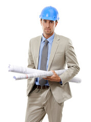 Businessman, portrait and architect with blueprint or hard hat for safety or planning on a white studio background. Man, contractor or engineer with documents for architectural design or floor plan