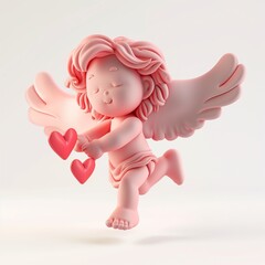 A tender pink cupid in flight, gently holding two hearts. This plasticine-style illustration radiates joy, perfect for Valentine's Day and romantic visuals