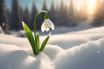 Snowdrop flowers in the snow. Primroses in the forest on a sunny day. Postcard for the March holidays.