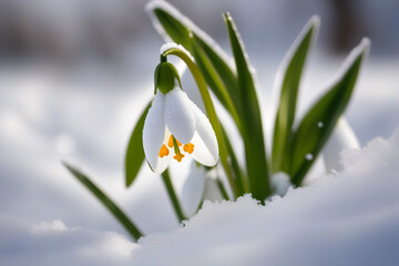 Fototapeta premium First flowers. Spring snowdrops bloom in the snow.