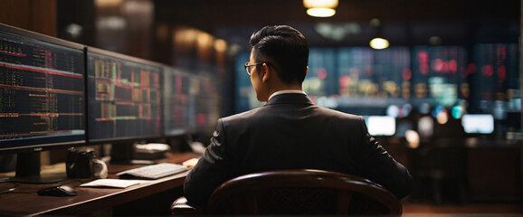 Chinese business people buying stocks wearing suits in an office seated in front of a commanding monitor immersive image tailored for widescreen - obrazy, fototapety, plakaty