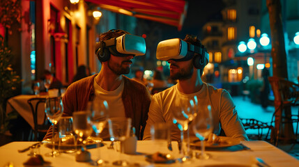 Fototapeta na wymiar Photograph of couple having romantic dinner at a restaurant wearing a VR headset.