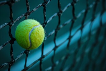 Macro photography of a tennis ball hitting the net, capturing the tension and moment of impact