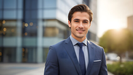 Fototapeta premium Young successful confident smiling businessman against defocused office buildings background