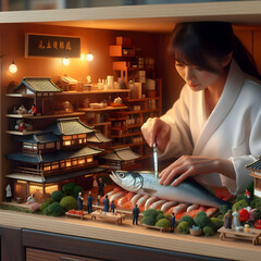 Obraz premium Drawing of a restaurant model with miniature humans