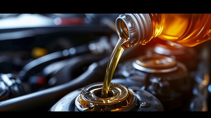Pouring quality oil into the engine during a maintenance refill. Refilling vehicle transmission or gear with oil. Machine maintenance concept. - obrazy, fototapety, plakaty