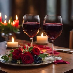 Valentine's Day Concept Romantic dinner. Bouquet of flowers lying on the table, two glasses of red wine and candles on a wooden table.